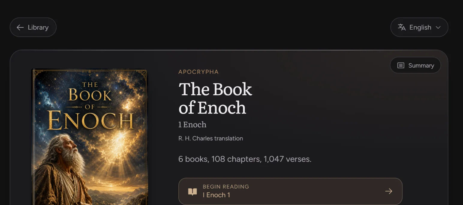 The Book of Enoch screen with its language picker