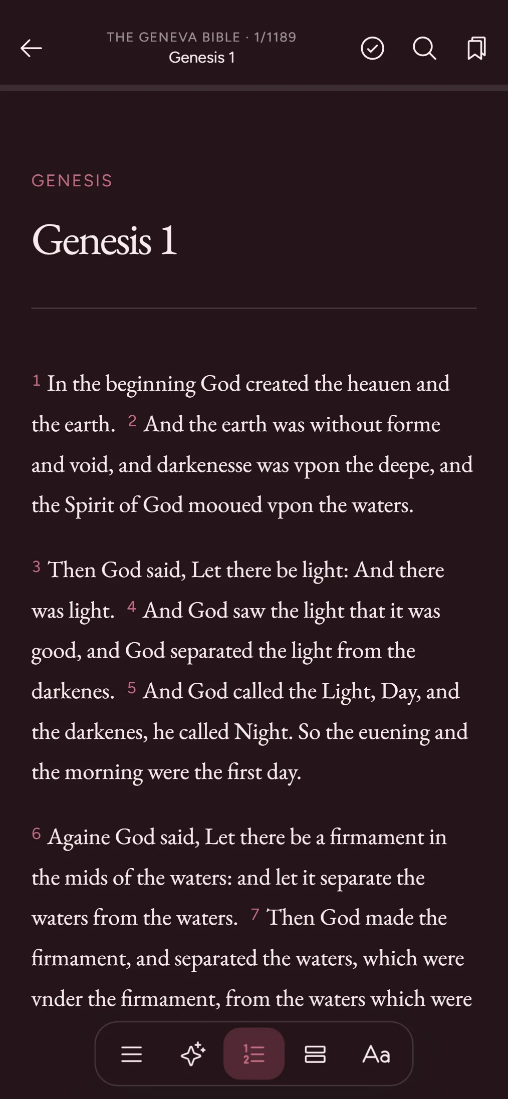 Genesis 1 in the wine theme with EB Garamond